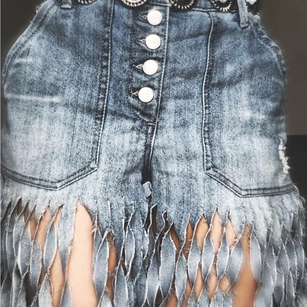 Fringe Denim Shorts with Button Detail